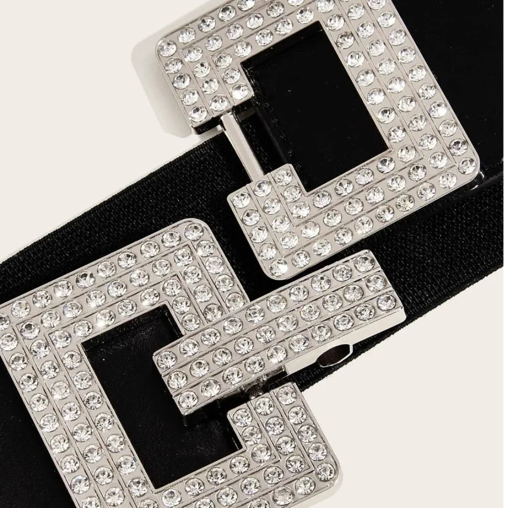 Silver/Black Square Rhinestone Stretch Belt